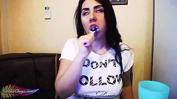 Play Big Boobs Babe Brushing his Teeth and Sucking Dildo - Amateur